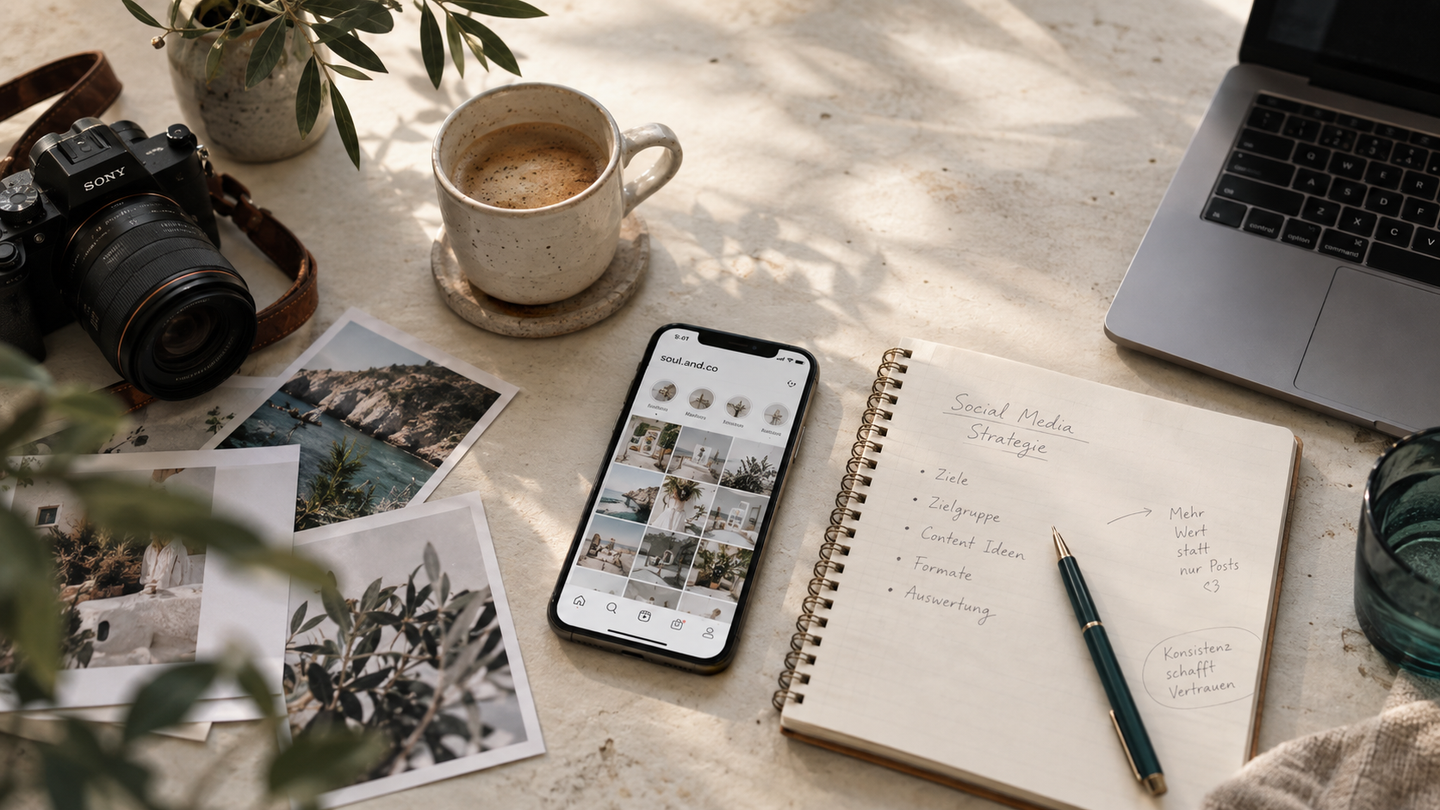 Ein Tisch mit einer Kamera, einer Tasse Kaffee, einem Smartphone und Notizen zu Social Media.